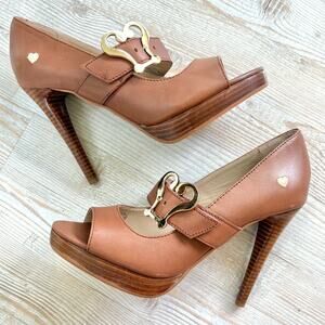 Love Moschino Leather Peep Toe Stacked Heel Mary Jane Pumps‎ | Brown 39